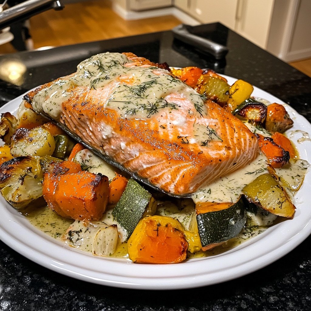 Lachs mit Ofengemüse & Zitronen-Dill-Sauce