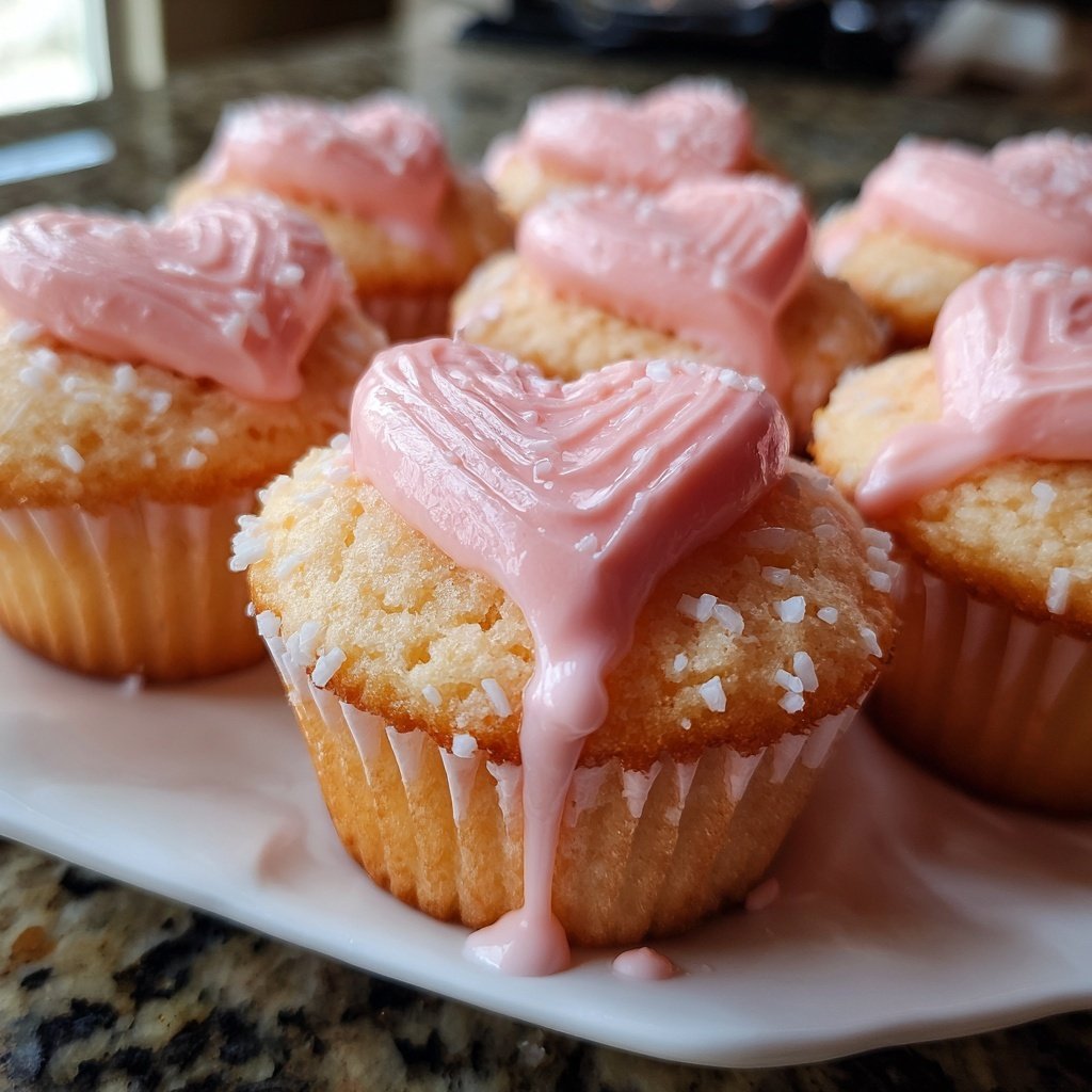 Cupcakes mit Herzdekor und Erdbeerfrosting