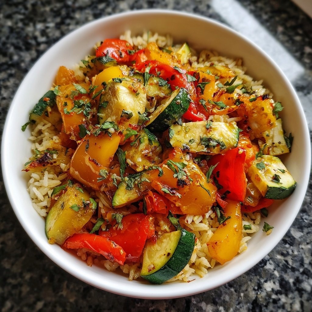 Mittagessen mit Gemüsepfanne und Reis